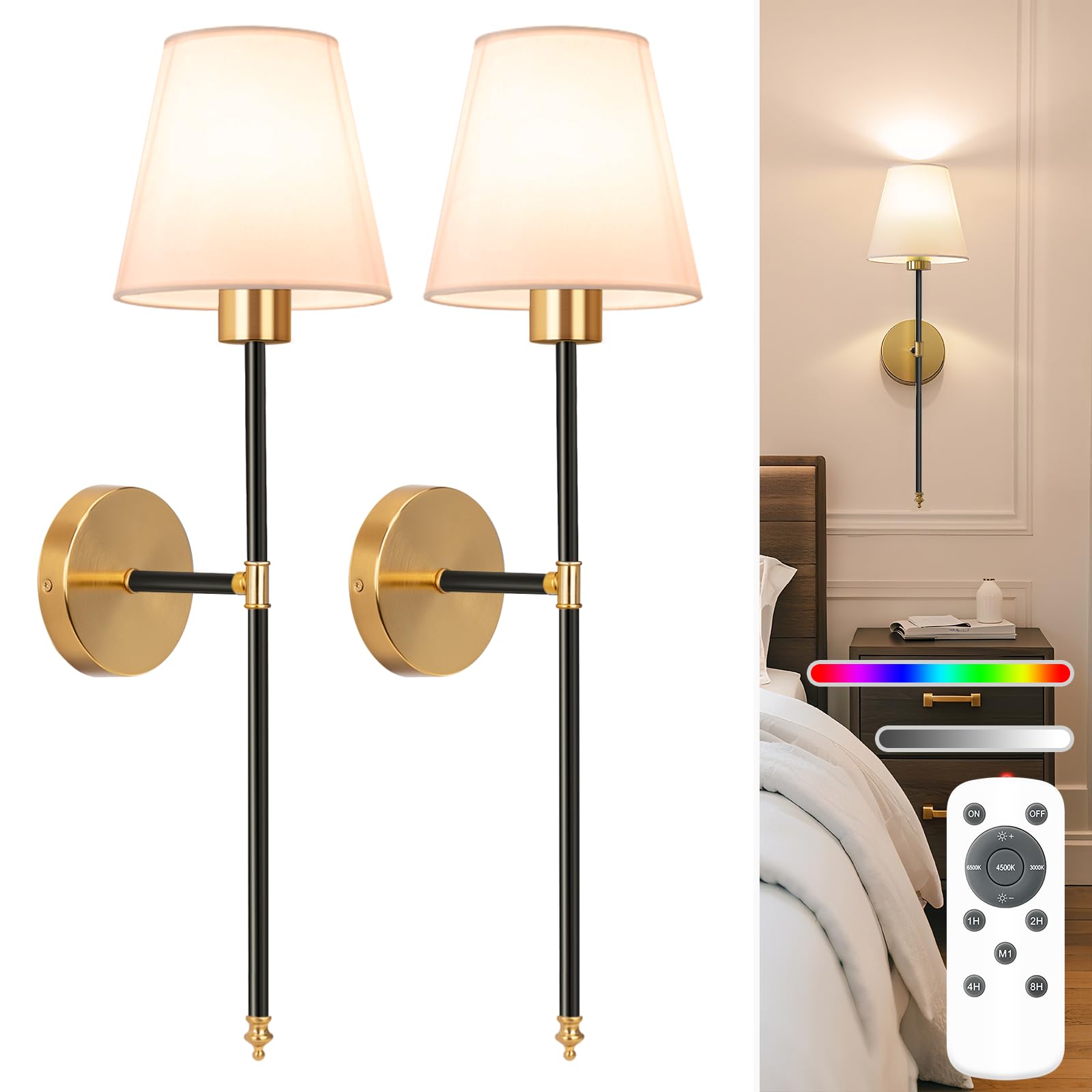 NIORSUN Battery Operated Wall Sconce Set of 2,Black Rechargeable Wall Lights with 5200mAh Dimmable Detachable Bulbs and Remote, 10 Colors Wireless Wall Lamps for Bedroom Living Room Hallway Decor