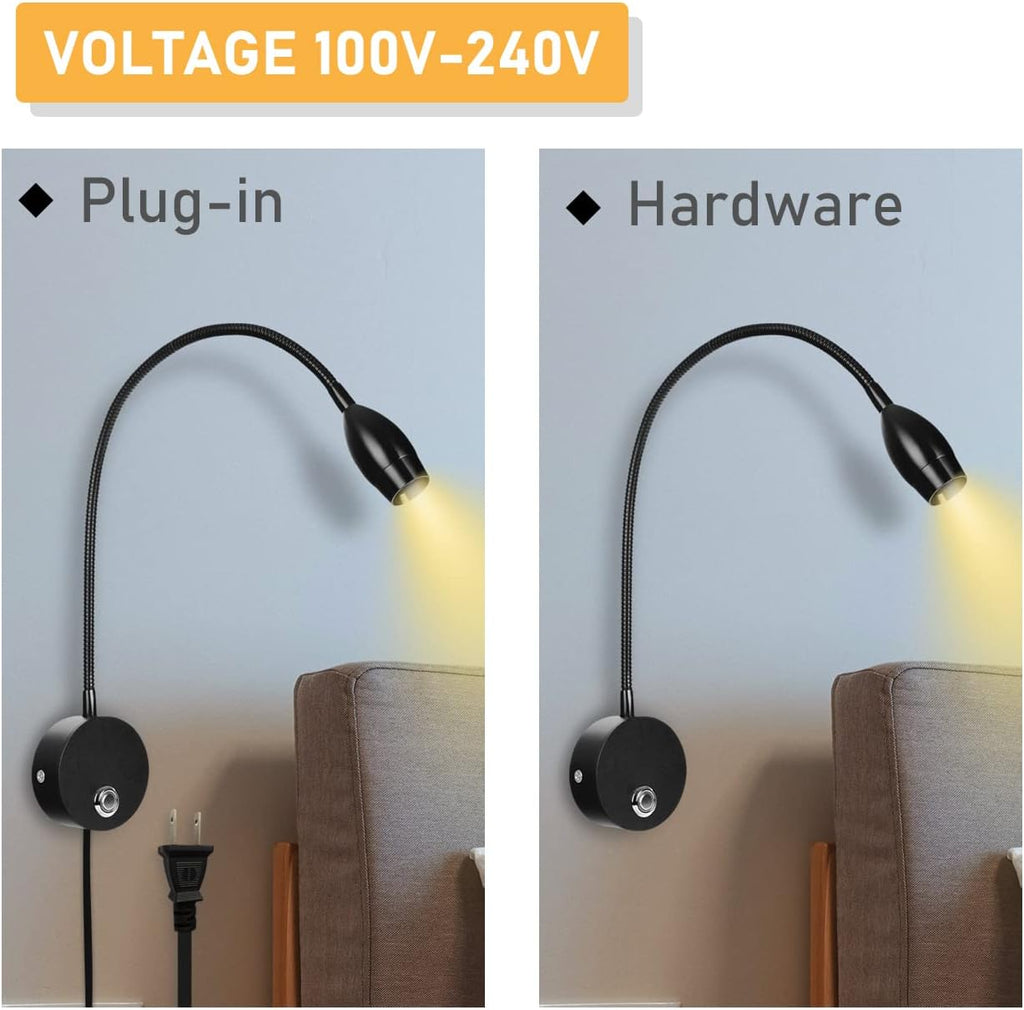 Adust Wall Mounted Reading Light Set, Wall Reading Light, Bed Headboard Reading Light Dimmable Touch Control, USB Output, 3 Color Temperature (Black 1-Pack)