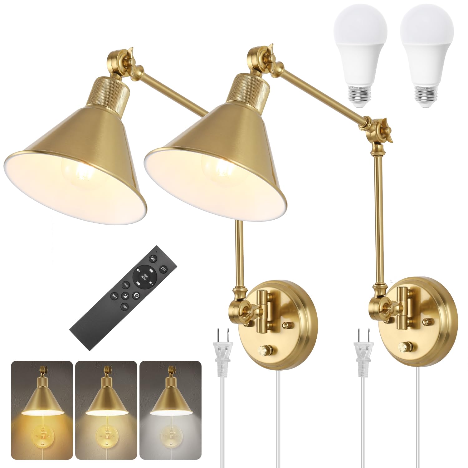 TRLIFE Wall Sconce Plug in, Dimmable Wall Sconce with Switch Swing Arm Wall Lights Plug in Wall Mounted Light Wall Sconces Lighting with 6FT Plug in Cord, E26 Base, UL Listed(Two Arms, 1 Pack)