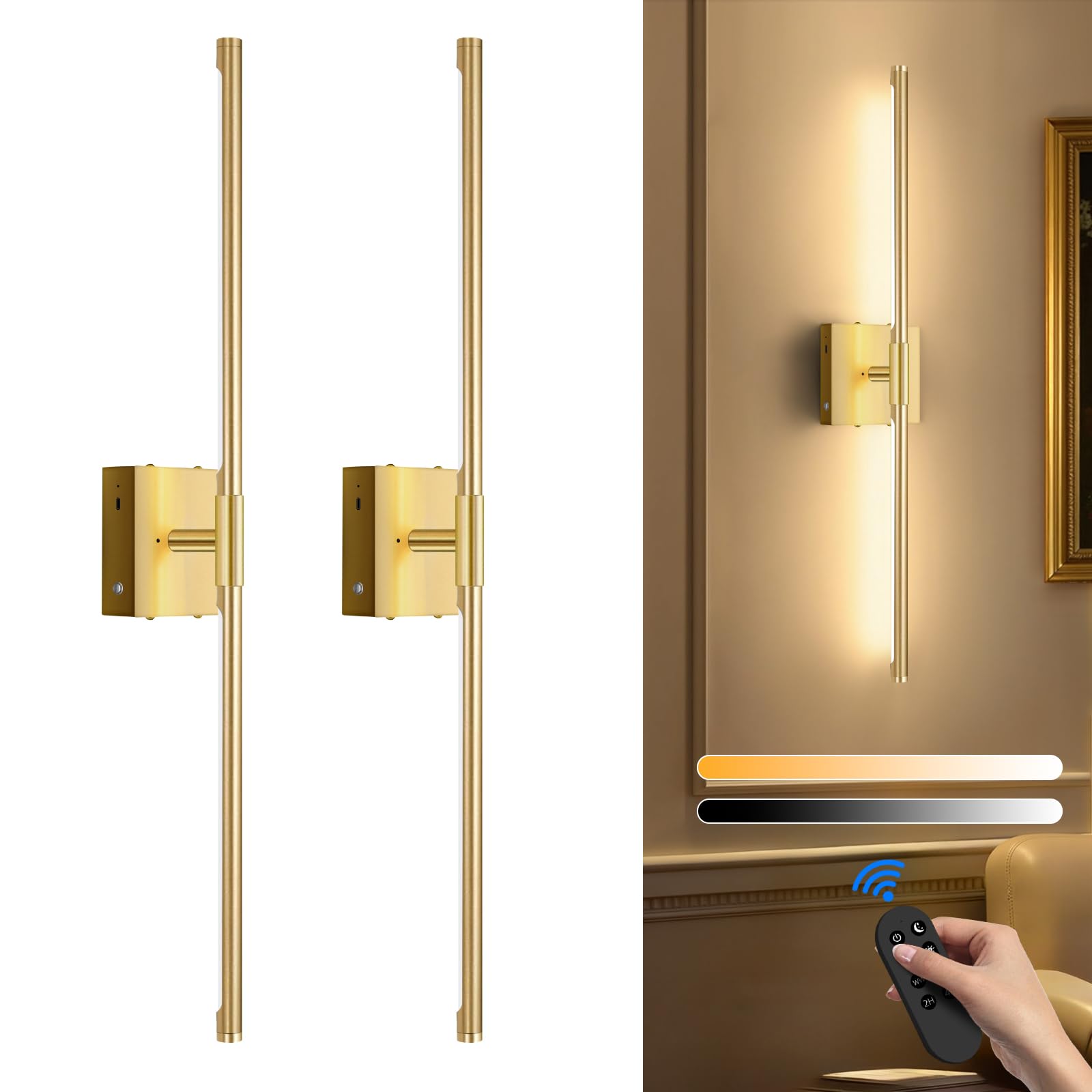 Wall Sconces Set of 2 Battery Operated, Wireless USB Rechargeable Wall Lights with Remote Control, 360° Rotation, 8000mAh LED Dimmable Picture Lamp for Living Room,Bedroom,Hallway (30in Black)