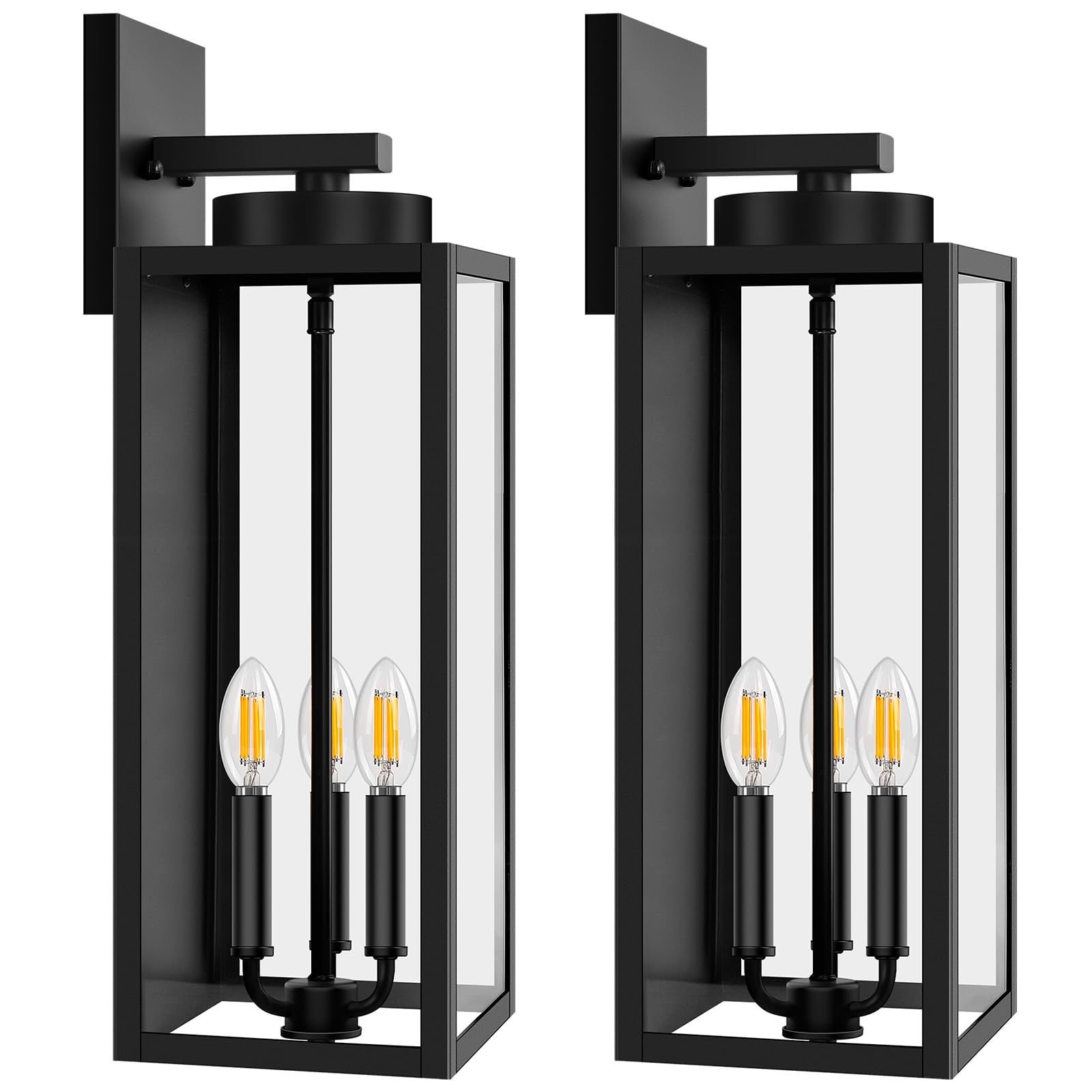 Outdoor Wall Light Fixtures, Exterior Waterproof Lanterns, Porch Sconces Wall Mounted Lighting with E26 Sockets & Glass Shades, Modern Matte Black Wall Lamps for Patio Front Door Entryway, 2-Pack