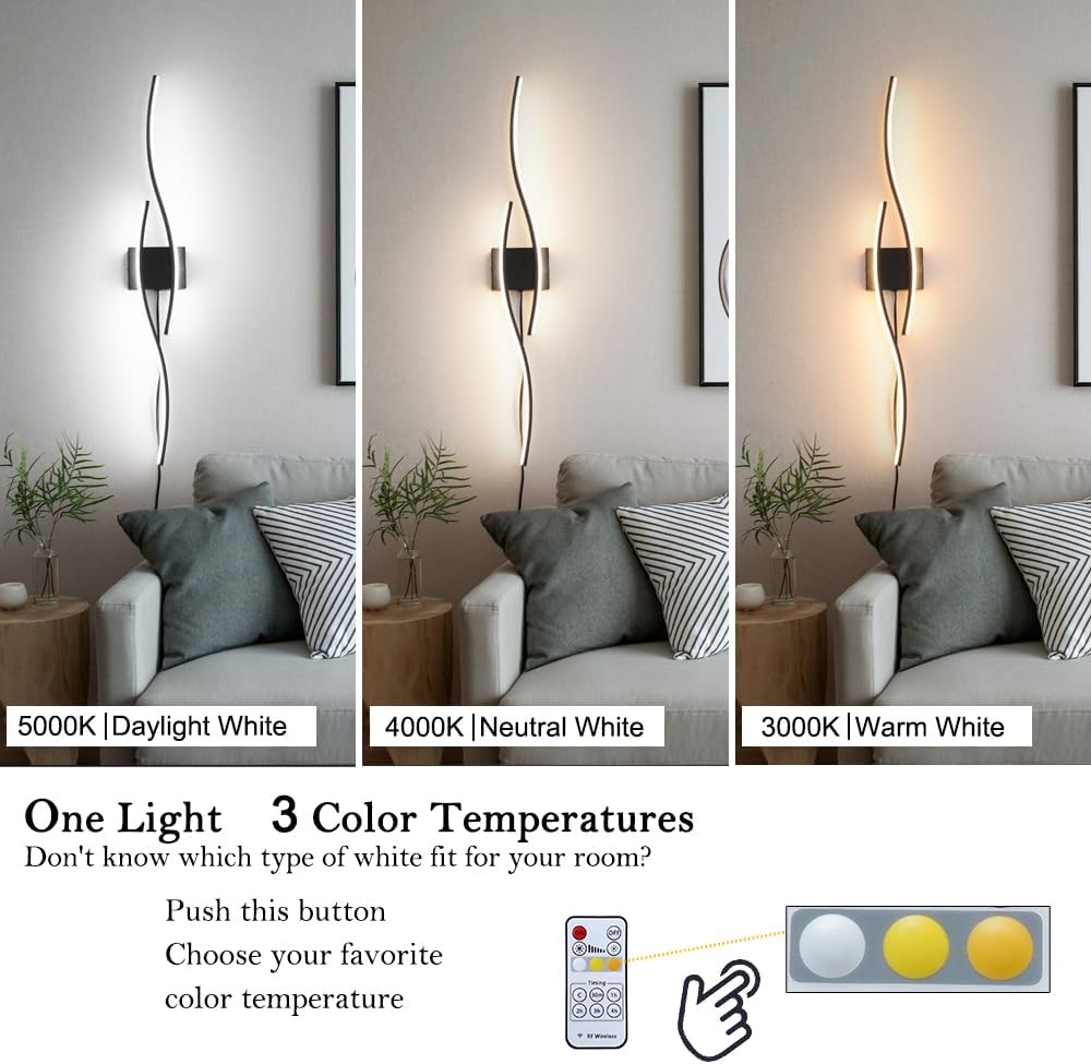 Modern Plug in Wall Sconces Set of Two, RC Dimmable LED Plug in Wall Light, Black Sconce Wall Lighting for Living Room, Hallway, Bedroom