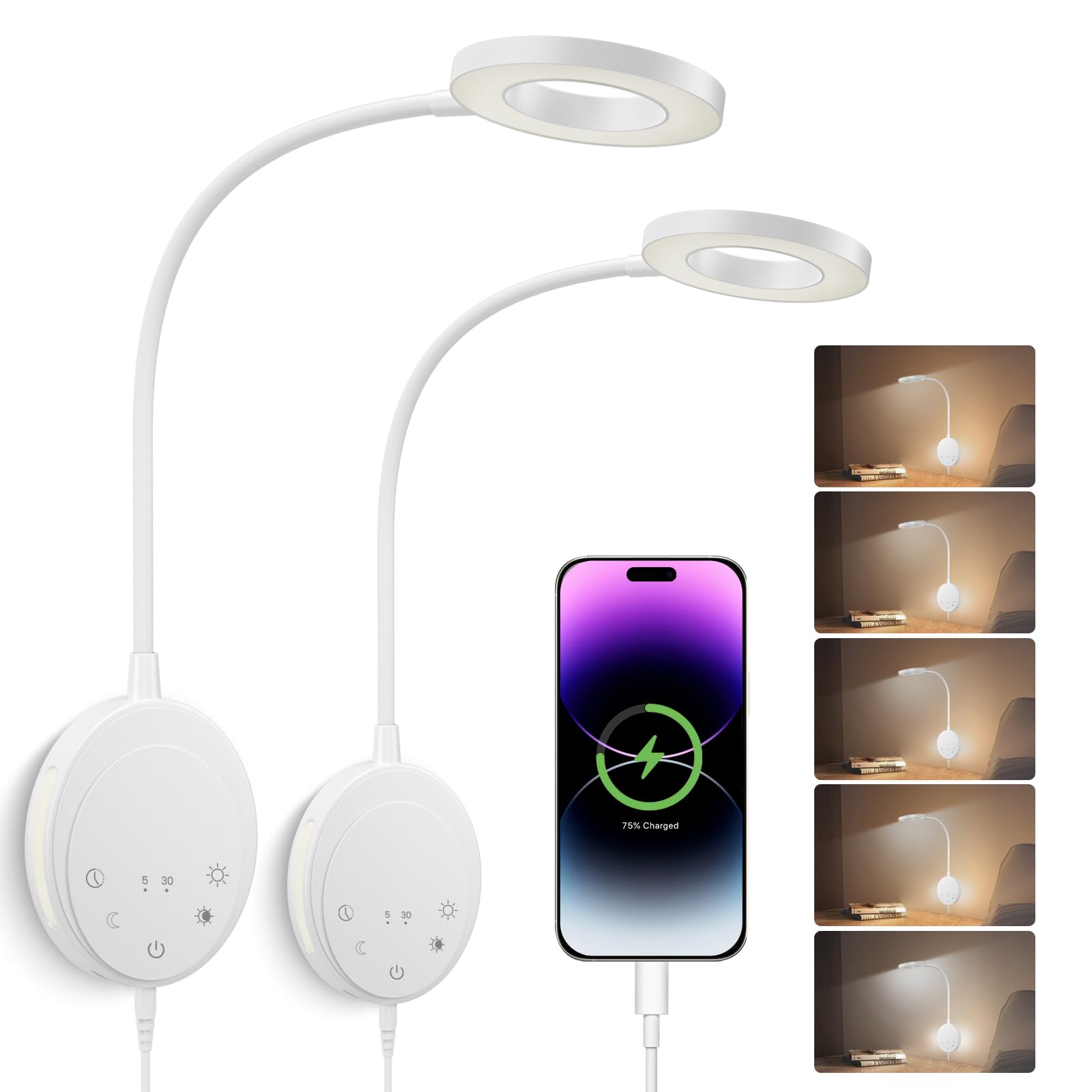 Wall Mounted Reading Light,Bedside Headboard Lights with 5 Color Temperature &5 Dimming,360°Flexible Gooseneck,USB Output, Night Light&Timer Function- Perfect for Reading (Black)