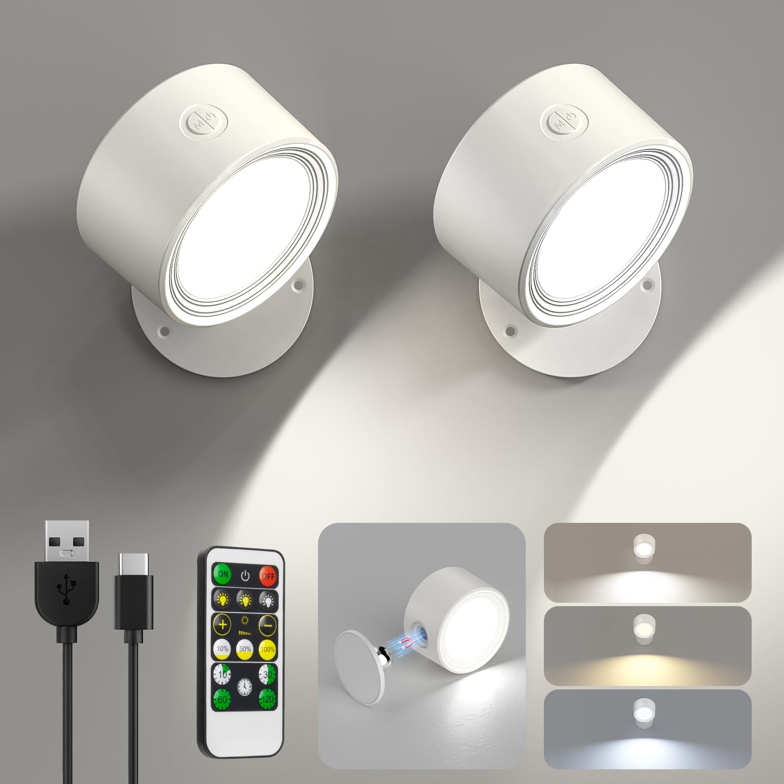 LED Wall Mounted Lights 3 Pcs with Remote, Wall Sconces Lamp 3000mAh Rechargeable Battery Operated, 3 Color Temperatures & Dimmable Magnetic 360° Rotation Cordless Light for Bedroom Bedside
