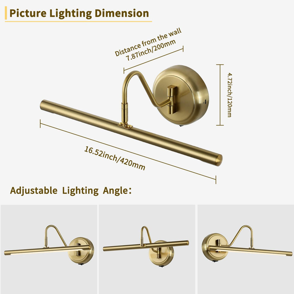 JOOSENLUX Battery Operated Picture Light Gold - Modern Wireless Picture Lights for Wall Dimmable 16.5inch Under Cabinet and Swing Arm for Canvas Sconce 3000K CRI95