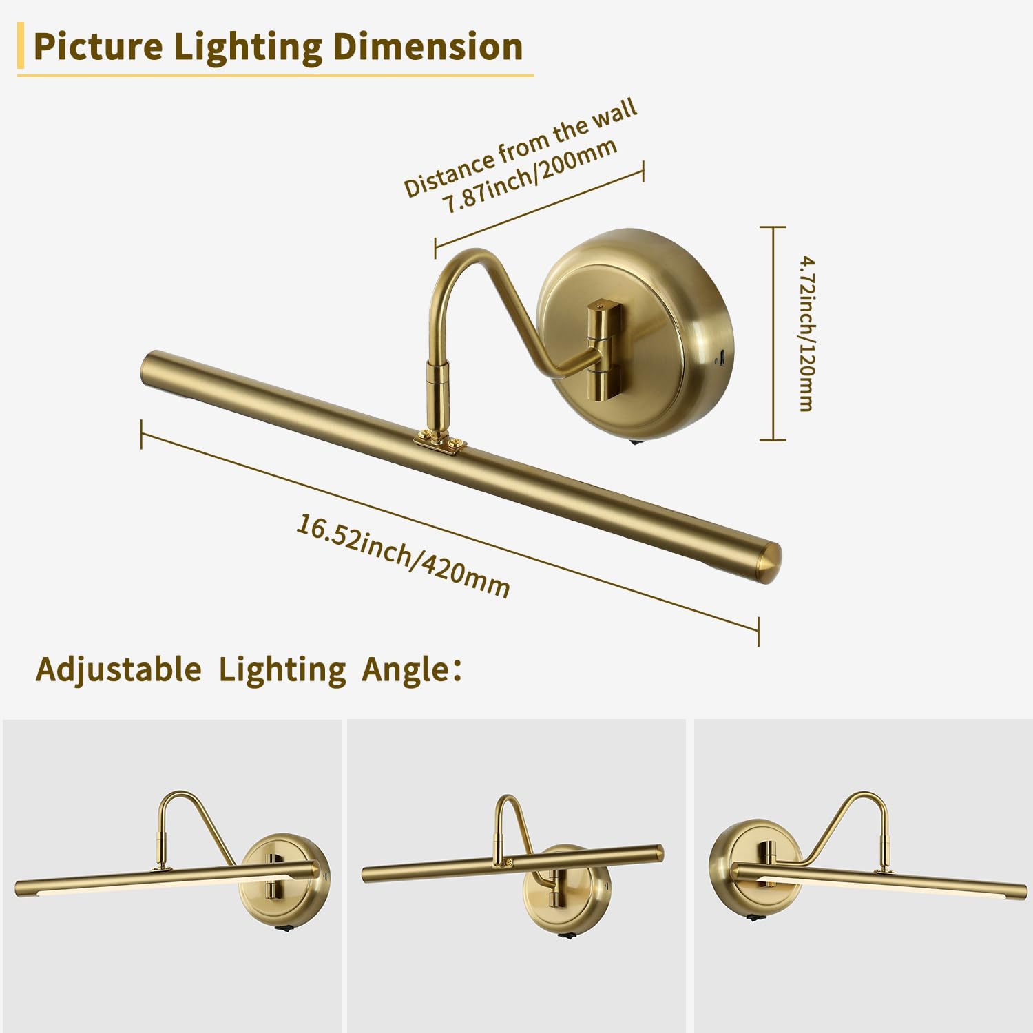 JOOSENLUX Battery Operated Picture Light Gold - Modern Wireless Picture Lights for Wall Dimmable 16.5inch Under Cabinet and Swing Arm for Canvas Sconce 3000K CRI95