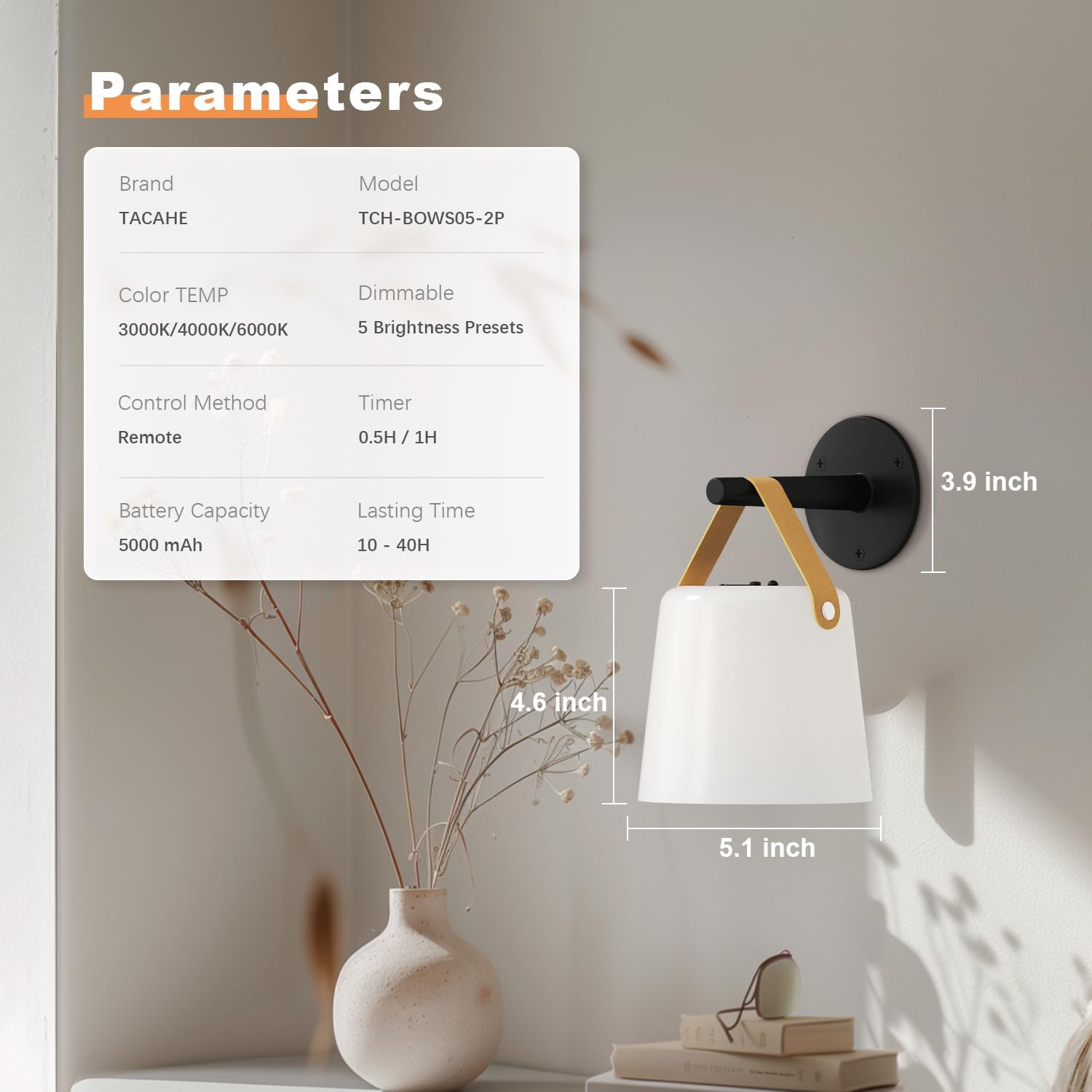 TACAHE Rechargeable Wall Sconce - Plastic Frosted Lampshade - 3 Color Temp & 5 Brightness - Remote Control - 5000 mAh Battery Operated - Cordless Wall Lamp for Camper, RV - Set of 2 (Black)