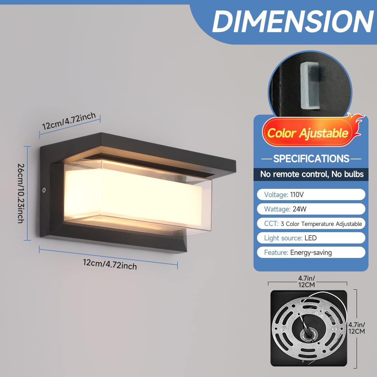 24W Outdoor Porch Light 3 Color Temperature Dimming LED Exterior Modern Wall Light IP65 Outdoor Wall Light Led Wall Mount for Garage Backyard Garden Matte Black 1 Pack