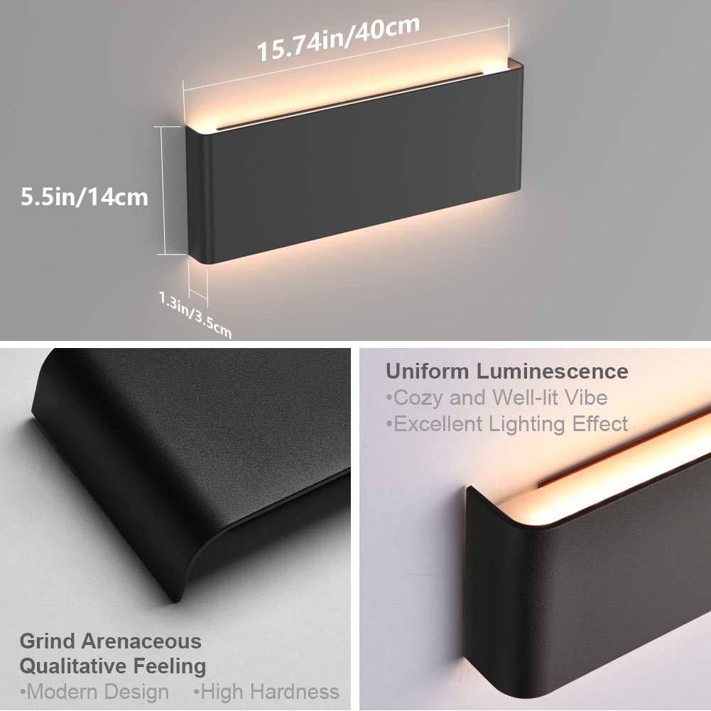 Aipsun 15.8in Matte Black Modern Vanity Light Up and Down LED Vanity Light for Bathroom Wall Lighting Fixtures (Warm Light 3000K)