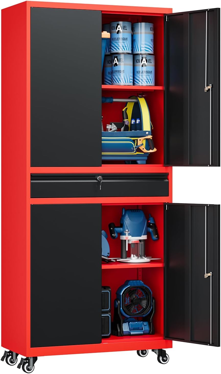 Yizosh Metal Garage Storage Cabinet with Locking Doors and Adjustable Shelves,- 73" Rolling Tool Storage Cabinet with 4 Wheels and 1 Drawer for Garage,Warehouse (Red Black)