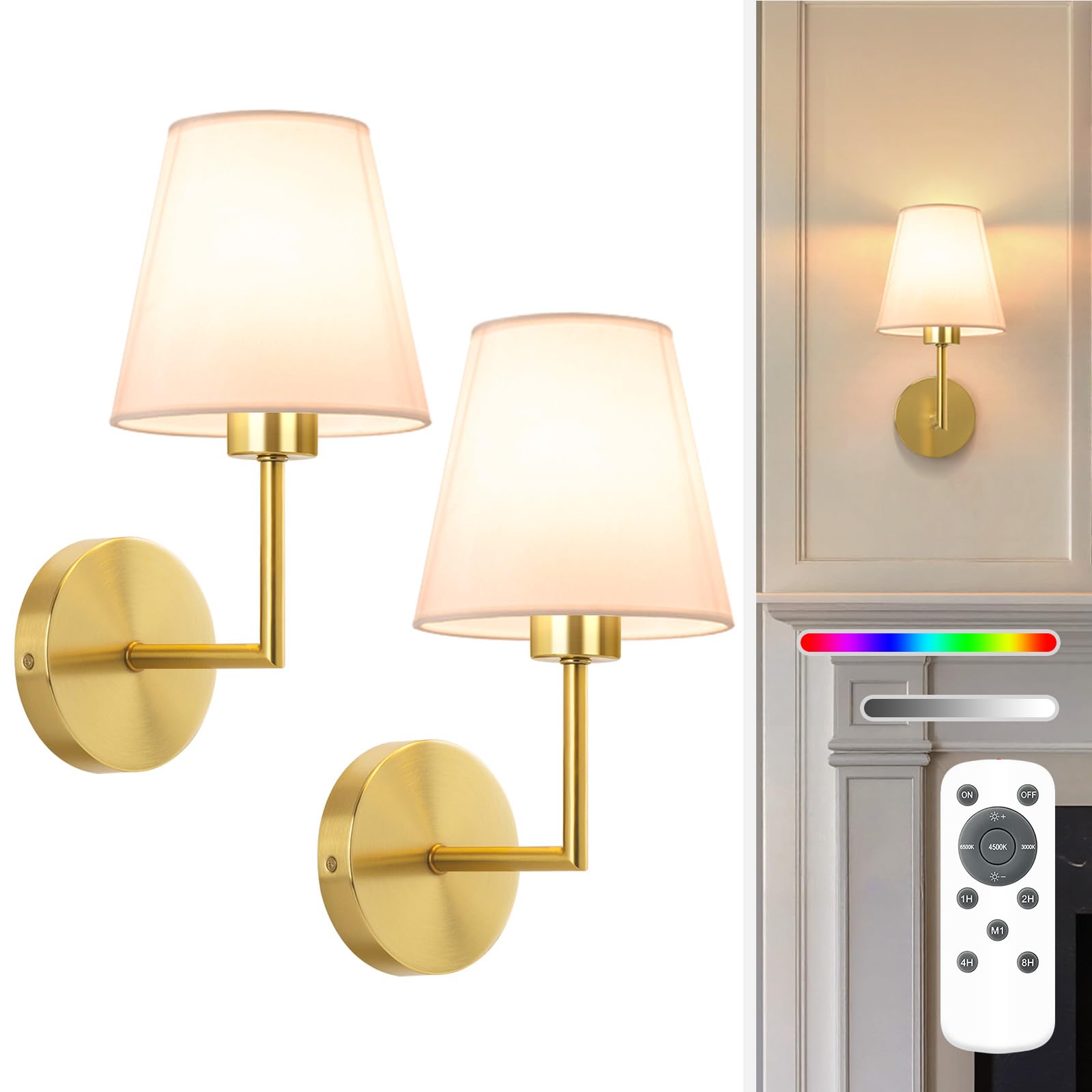 NIORSUN Battery Operated Wall Sconce Set of 2,Black Rechargeable Wall Lights with 5200mAh Dimmable Detachable Bulbs and Remote, 10 Colors Wireless Wall Lamps for Bedroom Living Room Hallway Decor
