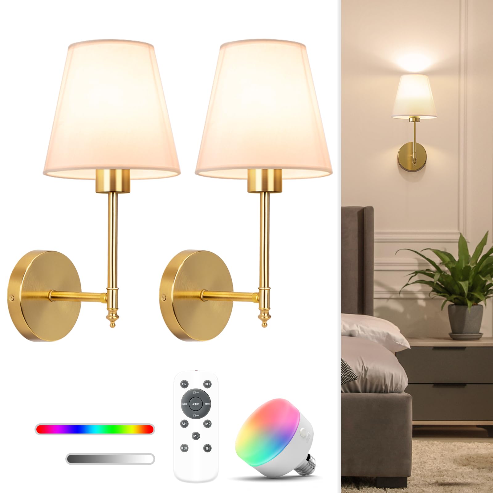 NIORSUN Battery Operated Wall Sconce Set of 2,Black Rechargeable Wall Lights with 5200mAh Dimmable Detachable Bulbs and Remote, 10 Colors Wireless Wall Lamps for Bedroom Living Room Hallway Decor