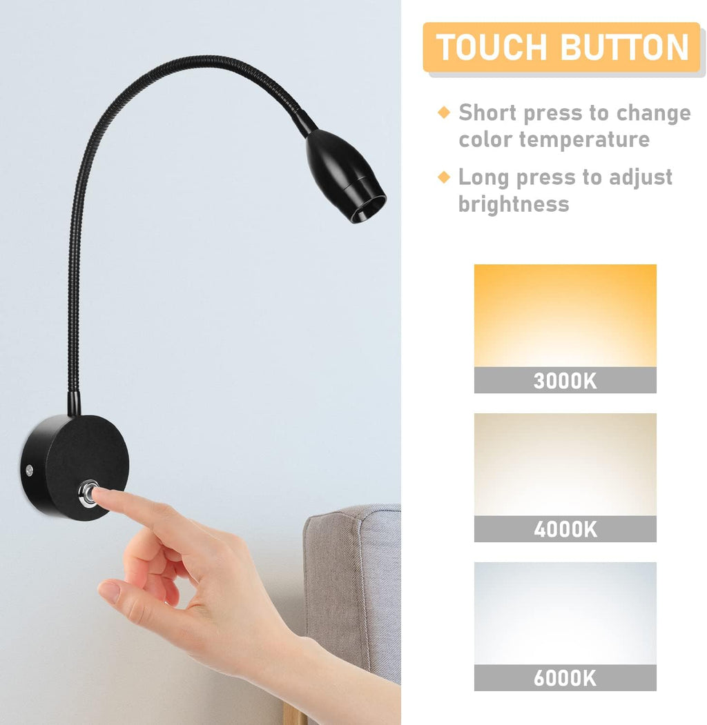 Adust Wall Mounted Reading Light Set, Wall Reading Light, Bed Headboard Reading Light Dimmable Touch Control, USB Output, 3 Color Temperature (Black 1-Pack)