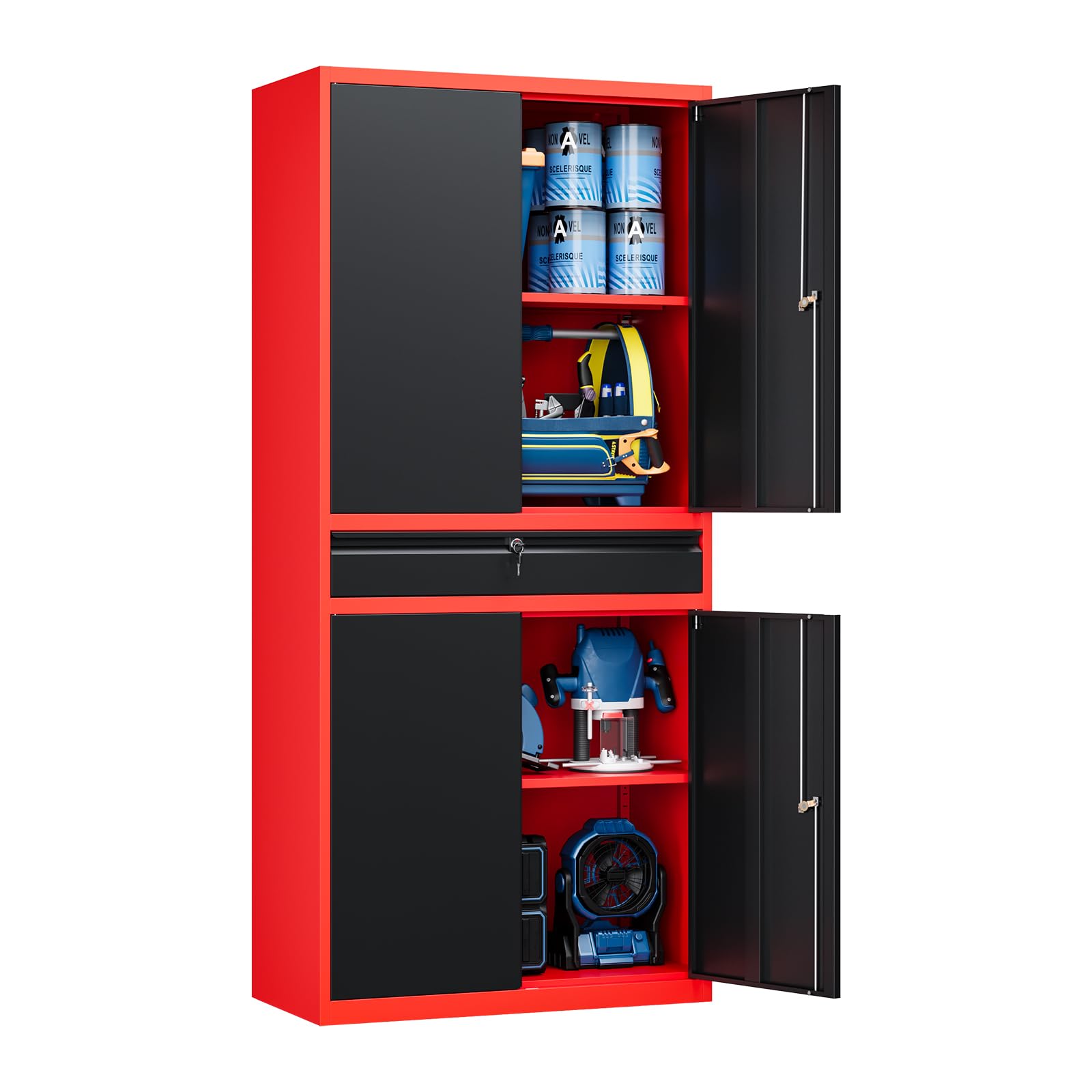 Yizosh Metal Garage Storage Cabinet with Locking Doors and Adjustable Shelves,- 73" Rolling Tool Storage Cabinet with 4 Wheels and 1 Drawer for Garage,Warehouse (Red Black)