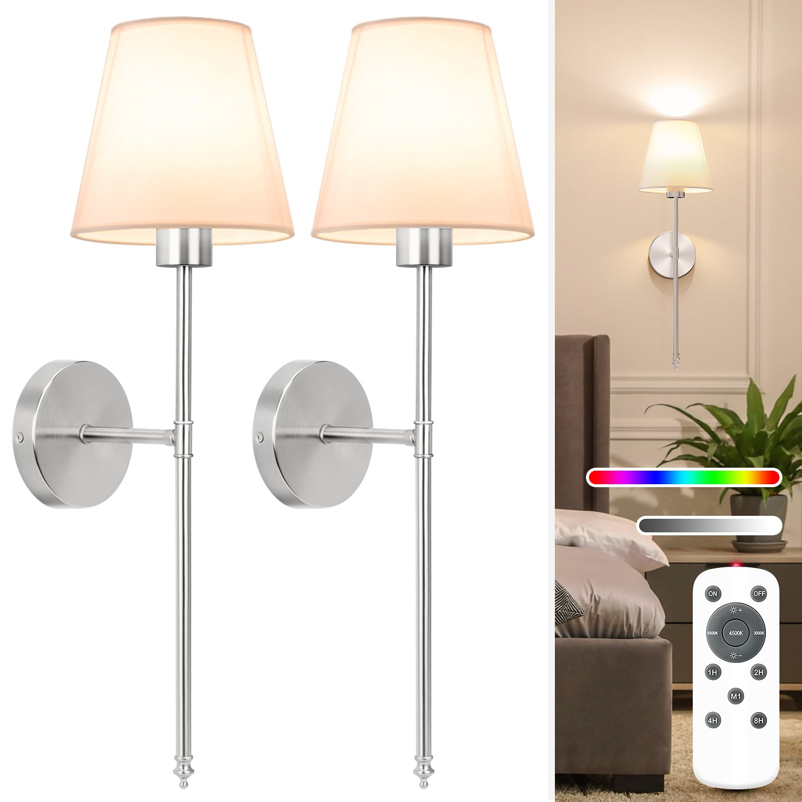 NIORSUN Battery Operated Wall Sconce Set of 2,Black Rechargeable Wall Lights with 5200mAh Dimmable Detachable Bulbs and Remote, 10 Colors Wireless Wall Lamps for Bedroom Living Room Hallway Decor