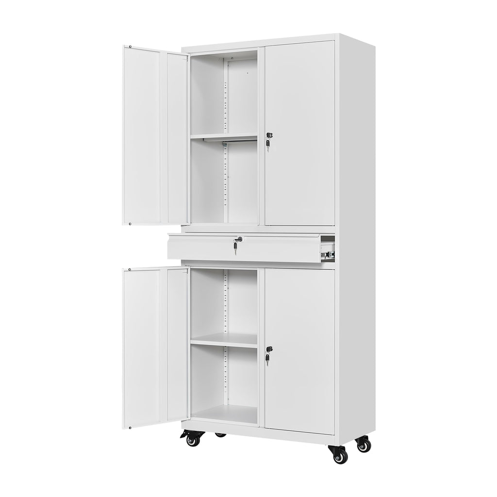 Yizosh Metal Garage Storage Cabinet with Locking Doors and Adjustable Shelves,- 73" Rolling Tool Storage Cabinet with 4 Wheels and 1 Drawer for Garage,Warehouse (Red Black)