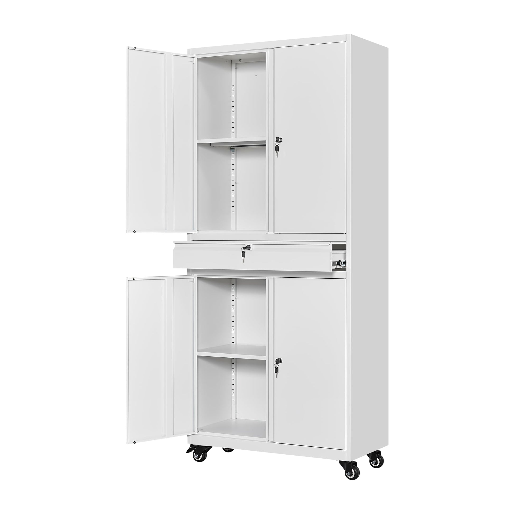 Yizosh Metal Garage Storage Cabinet with Locking Doors and Adjustable Shelves,- 73" Rolling Tool Storage Cabinet with 4 Wheels and 1 Drawer for Garage,Warehouse (Red Black)