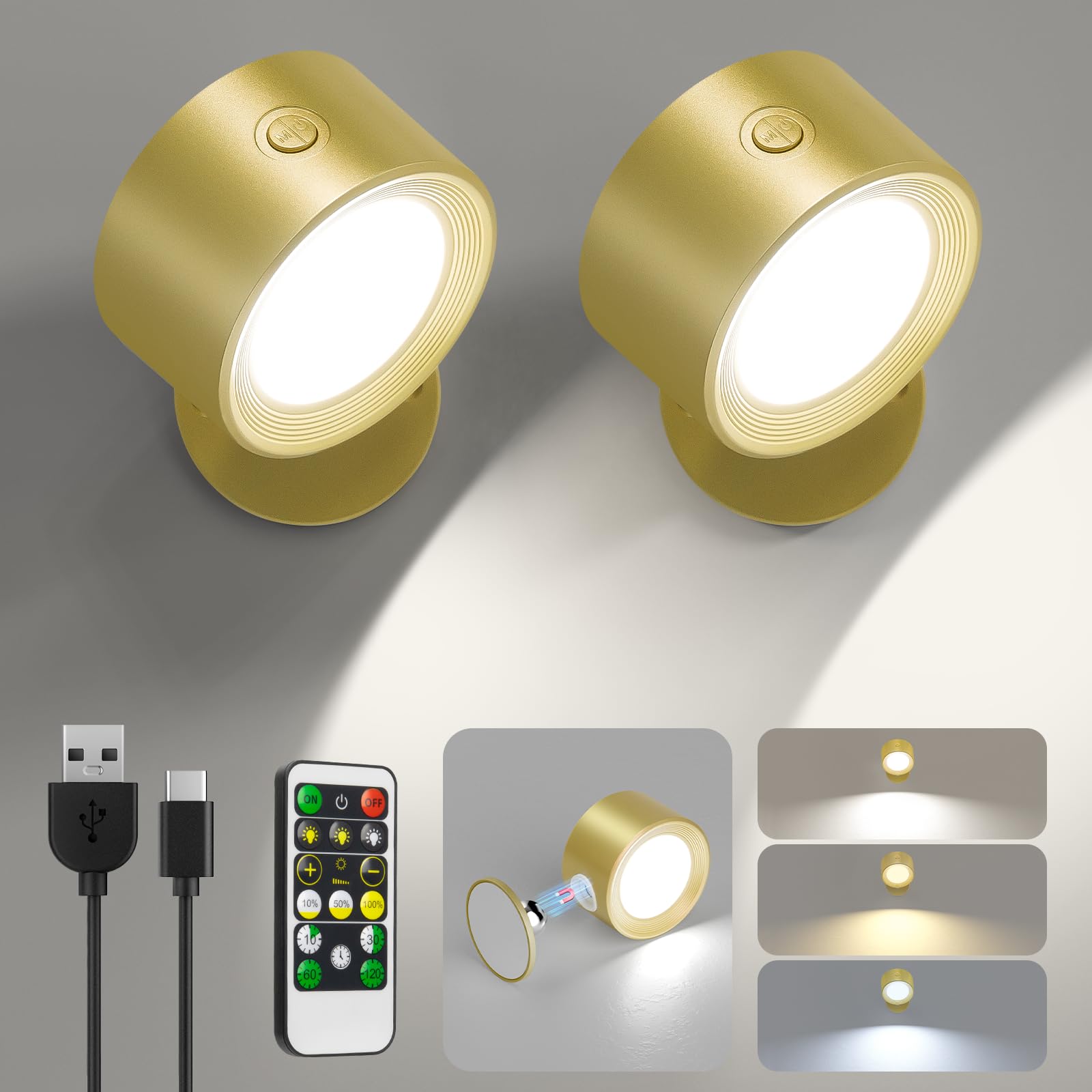 LED Wall Mounted Lights 3 Pcs with Remote, Wall Sconces Lamp 3000mAh Rechargeable Battery Operated, 3 Color Temperatures & Dimmable Magnetic 360° Rotation Cordless Light for Bedroom Bedside