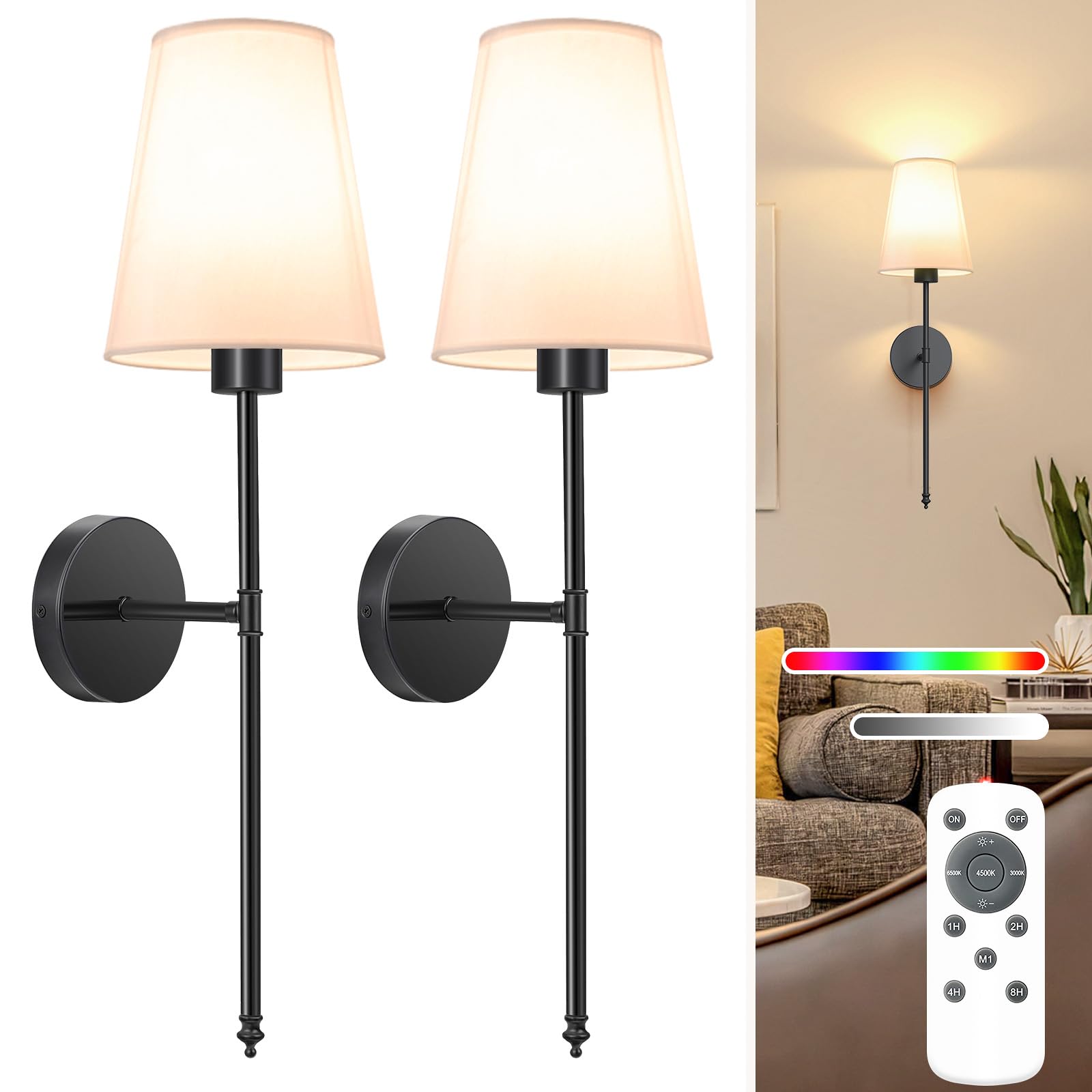 NIORSUN Battery Operated Wall Sconce Set of 2,Black Rechargeable Wall Lights with 5200mAh Dimmable Detachable Bulbs and Remote, 10 Colors Wireless Wall Lamps for Bedroom Living Room Hallway Decor