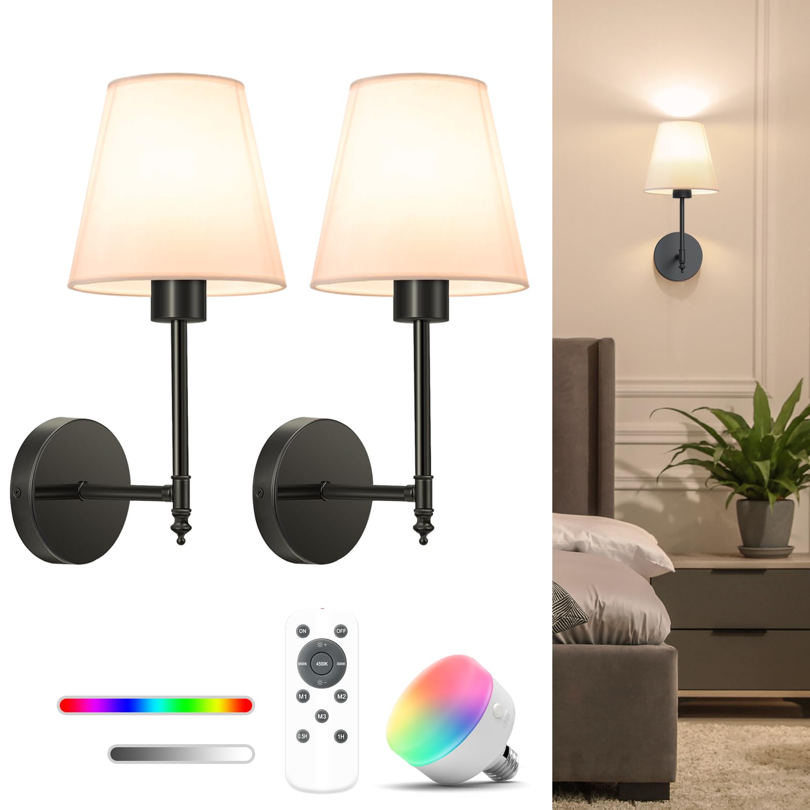 NIORSUN Battery Operated Wall Sconce Set of 2,Black Rechargeable Wall Lights with 5200mAh Dimmable Detachable Bulbs and Remote, 10 Colors Wireless Wall Lamps for Bedroom Living Room Hallway Decor