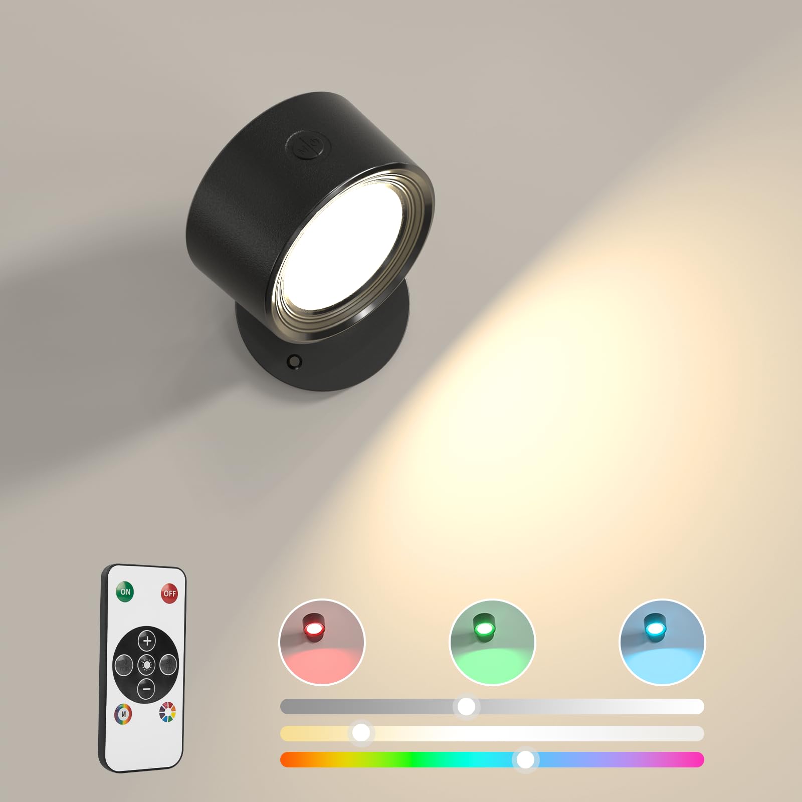 LED Wall Mounted Lights 3 Pcs with Remote, Wall Sconces Lamp 3000mAh Rechargeable Battery Operated, 3 Color Temperatures & Dimmable Magnetic 360° Rotation Cordless Light for Bedroom Bedside
