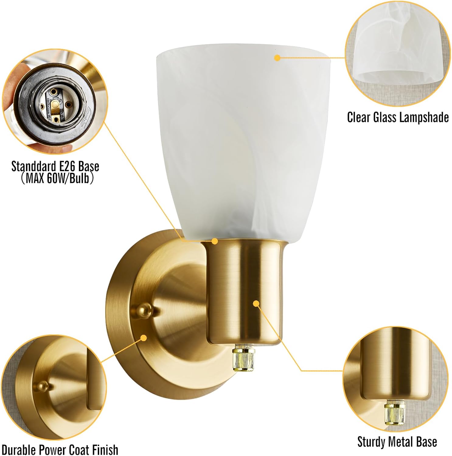 Wall Sconces Set of 2, Gold Vanity Lights for Bathroom, Modern Wall Light Fixtures with Rotary Switch, Wall Mount Light with Frosted Glass, Farmhouse Wall Lamp for Bedroom Living Room