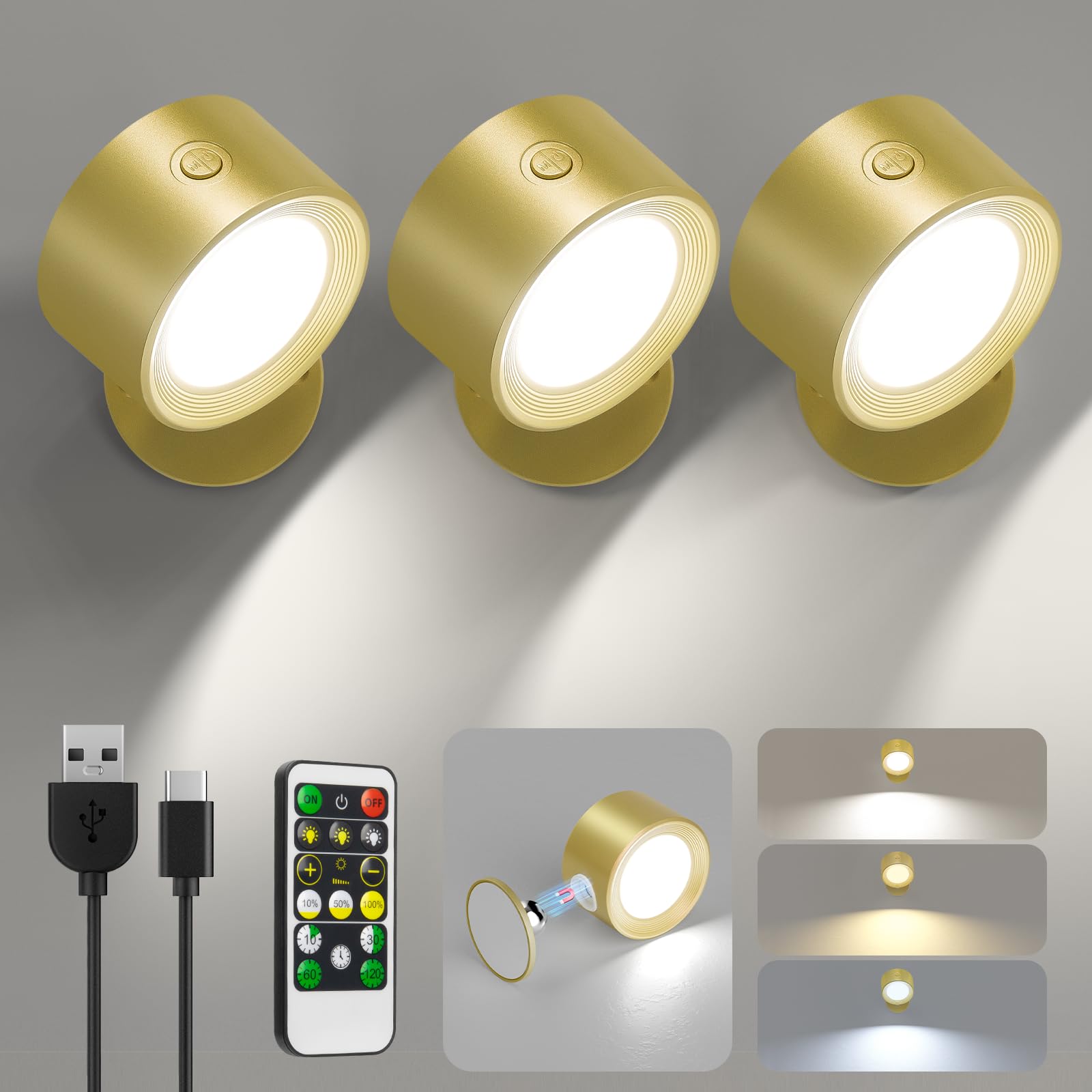 LED Wall Mounted Lights 3 Pcs with Remote, Wall Sconces Lamp 3000mAh Rechargeable Battery Operated, 3 Color Temperatures & Dimmable Magnetic 360° Rotation Cordless Light for Bedroom Bedside