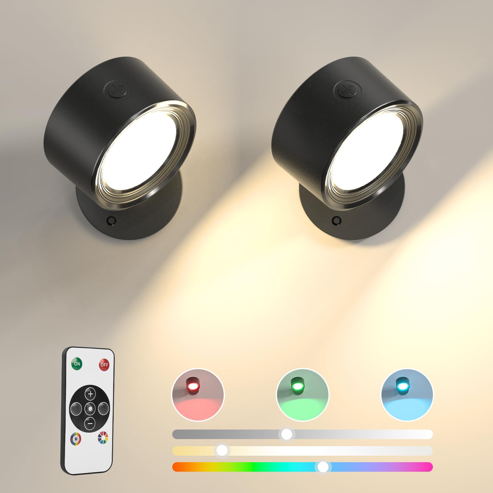 LED Wall Mounted Lights 3 Pcs with Remote, Wall Sconces Lamp 3000mAh Rechargeable Battery Operated, 3 Color Temperatures & Dimmable Magnetic 360° Rotation Cordless Light for Bedroom Bedside