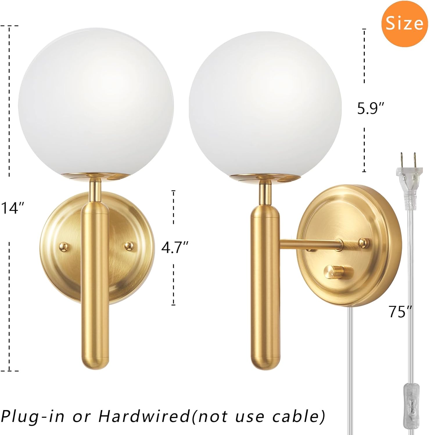Dimmable Plug in Wall Sconces Set of 2 with Milky Glass Globe Shade, Gold Wall Light with Plug in Electric Cord Dimmer Knob Switch Mid Century Modern Vintage Wall Lamp for Bedroom Bedside Living Room
