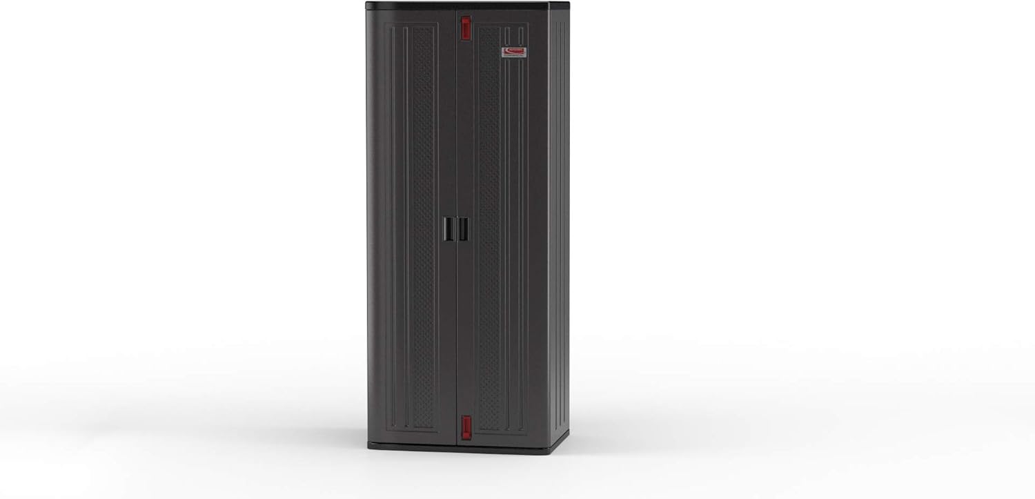 Suncast 19 Cubic Ft. Heavy-Duty Resin Cabinet with Lockable Handles, Multi-Wall Construction, and Metal-Reinforced Shelves for Basement, Utility Room and Garage Storage, Black, Made in the USA