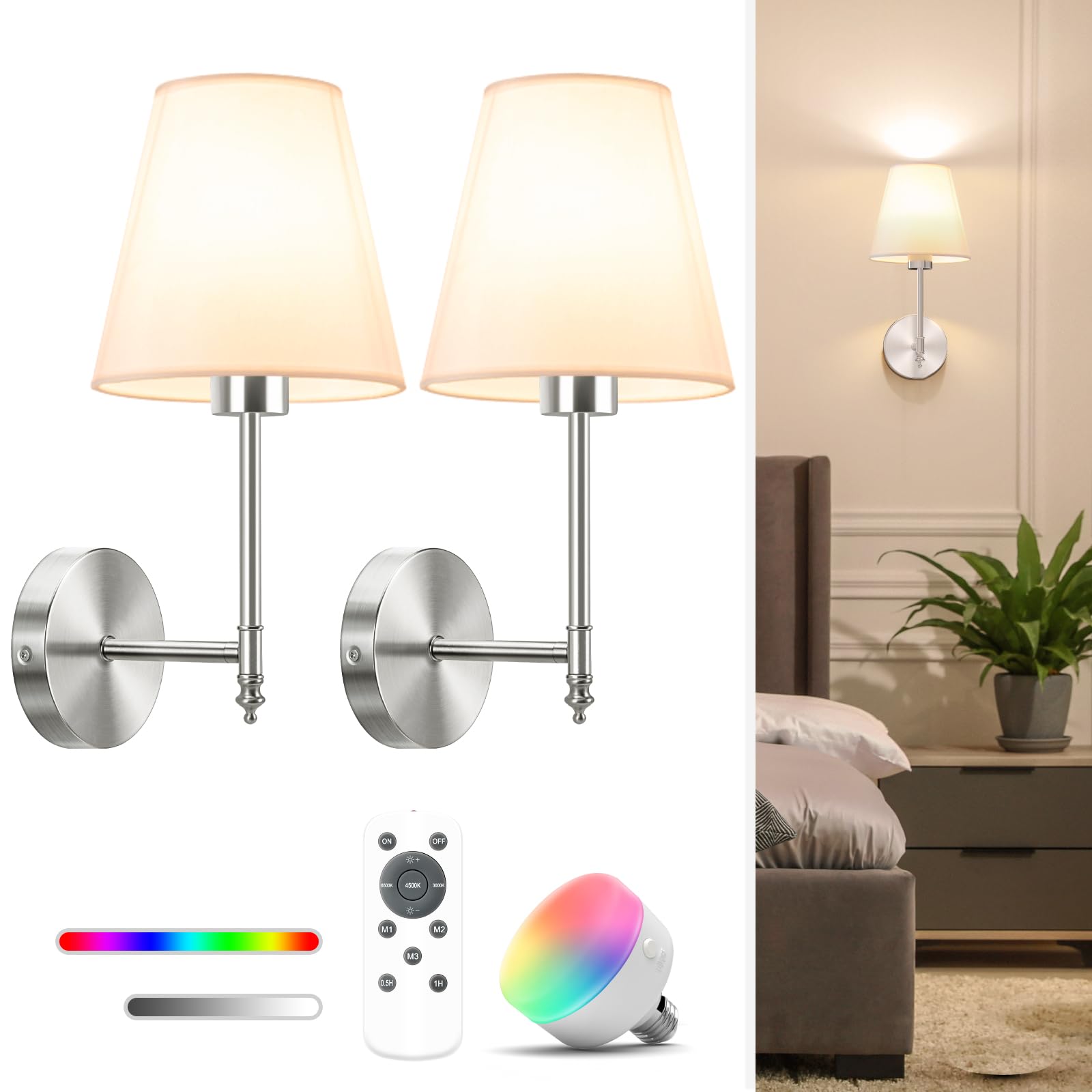 NIORSUN Battery Operated Wall Sconce Set of 2,Black Rechargeable Wall Lights with 5200mAh Dimmable Detachable Bulbs and Remote, 10 Colors Wireless Wall Lamps for Bedroom Living Room Hallway Decor