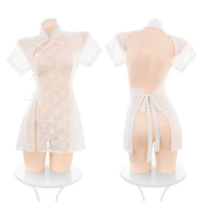Generate a product title for this sexy cheongsam - Sheer Lace Keyhole Cheongsam Mini Dress with Thong