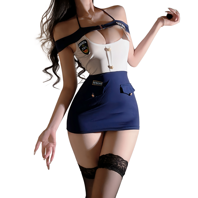 Women's Sexy Lingerie Police Costume Naughty Officer Roleplay Outfit Mini Dress with Stockings