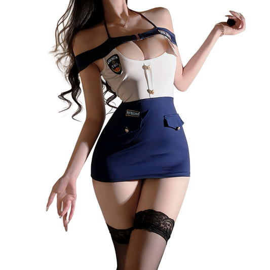 Women's Sexy Lingerie Police Costume Naughty Officer Roleplay Outfit Mini Dress with Stockings
