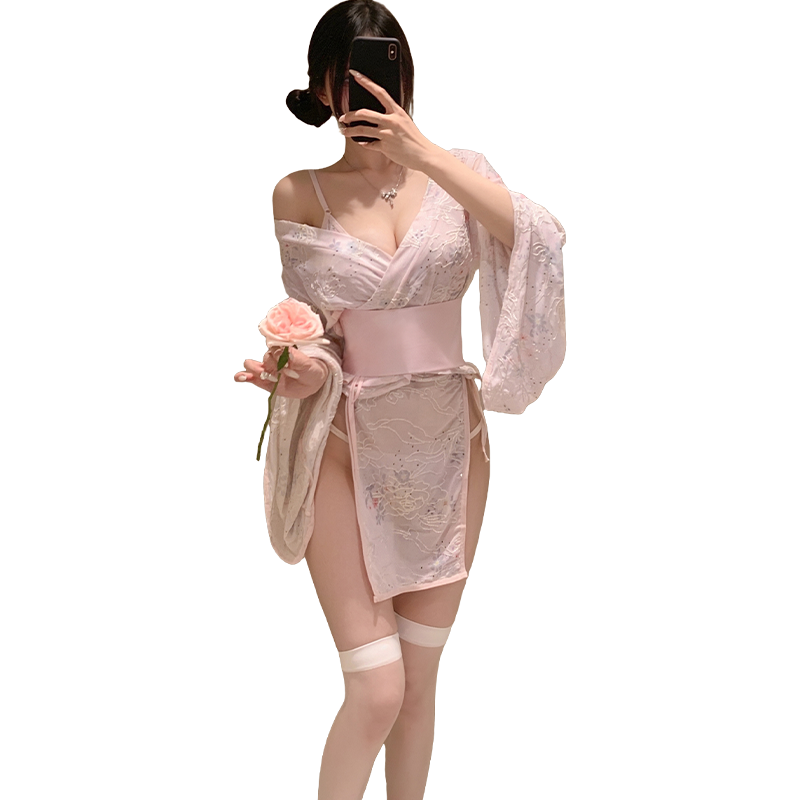 Seductive Side-Opening Japanese Kimono Mini Dress, Ignite Romance: Sheer Floral Kimono and Panty Set
