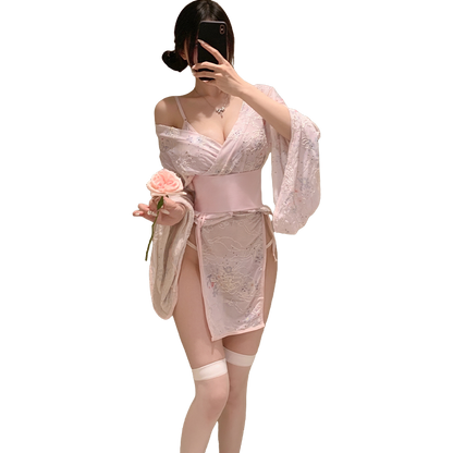 Seductive Side-Opening Japanese Kimono Mini Dress, Ignite Romance: Sheer Floral Kimono and Panty Set