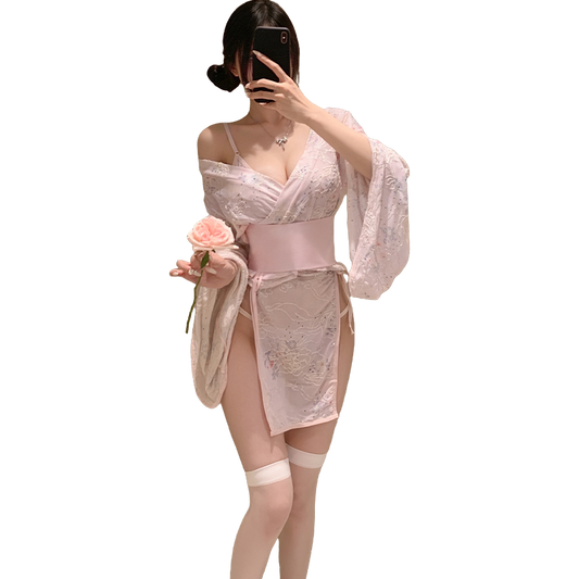 Seductive Side-Opening Japanese Kimono Mini Dress, Ignite Romance: Sheer Floral Kimono and Panty Set