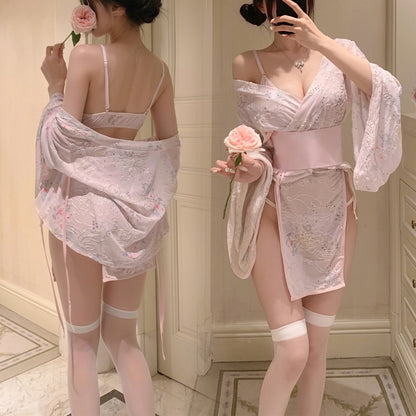Seductive Side-Opening Japanese Kimono Mini Dress, Ignite Romance: Sheer Floral Kimono and Panty Set