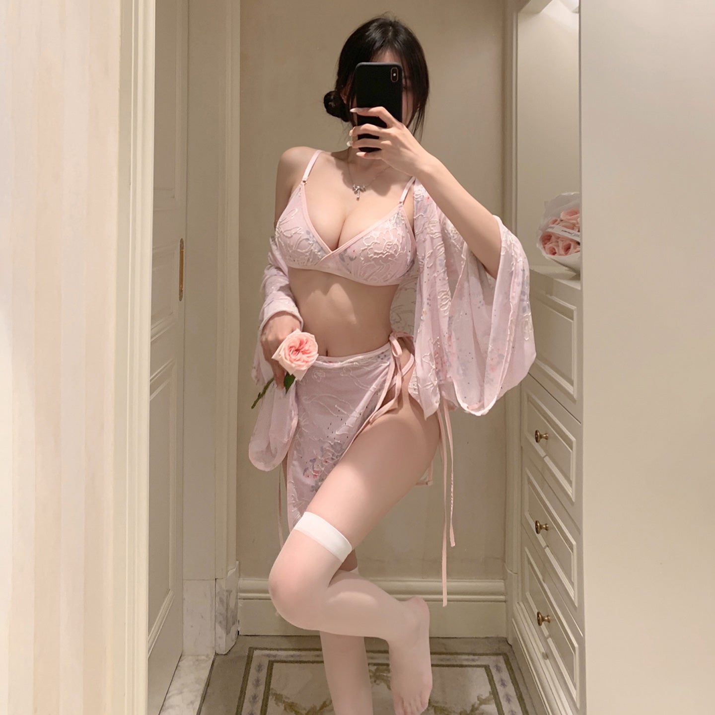 Seductive Side-Opening Japanese Kimono Mini Dress, Ignite Romance: Sheer Floral Kimono and Panty Set