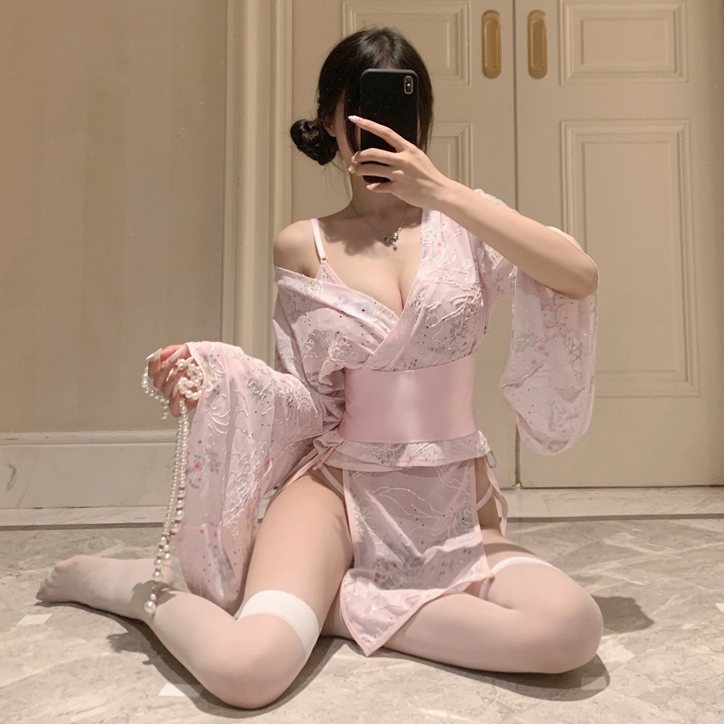 Seductive Side-Opening Japanese Kimono Mini Dress, Ignite Romance: Sheer Floral Kimono and Panty Set