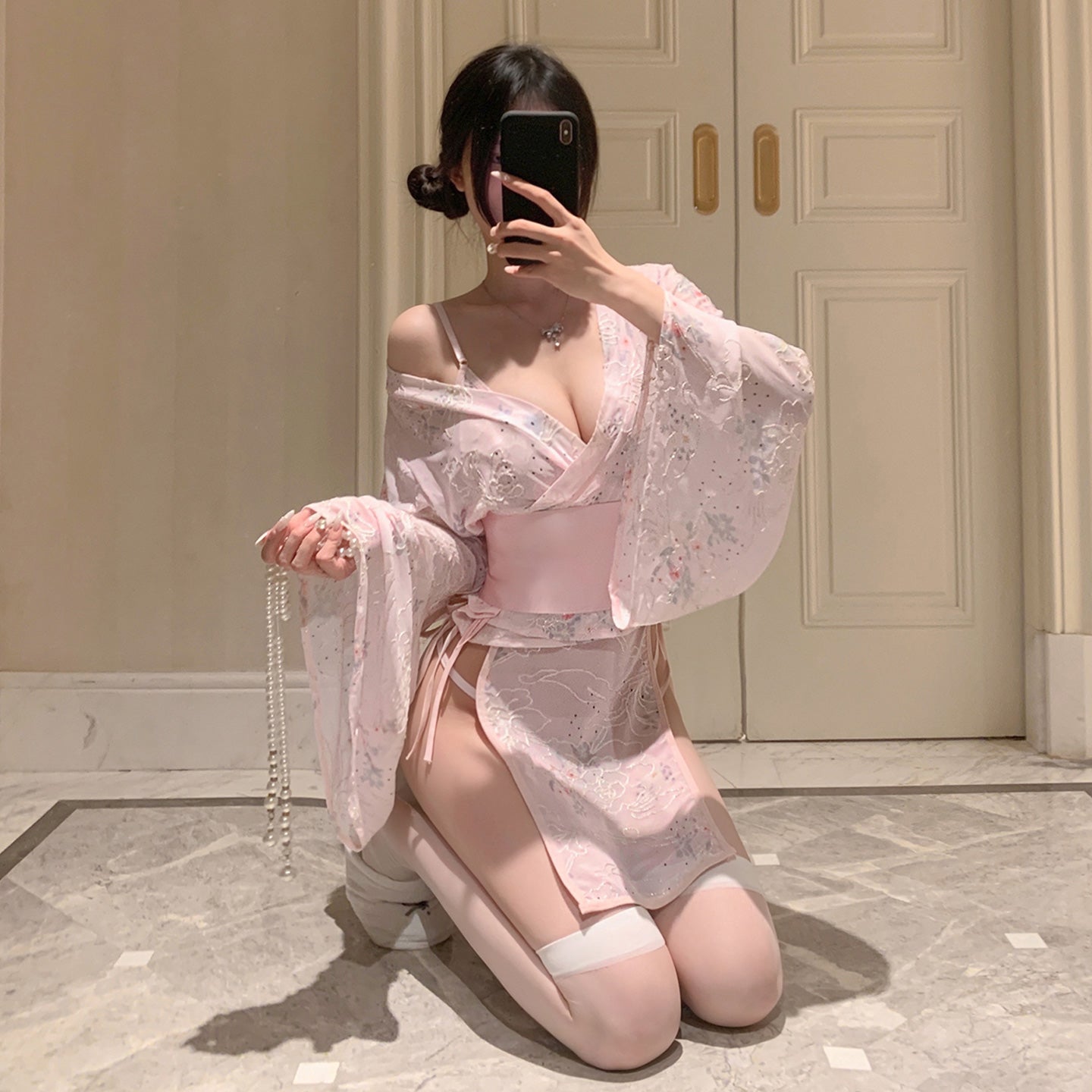 Seductive Side-Opening Japanese Kimono Mini Dress, Ignite Romance: Sheer Floral Kimono and Panty Set