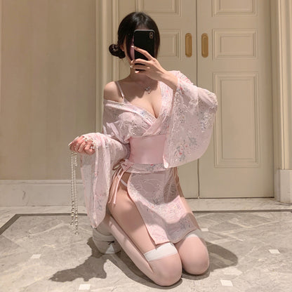 Seductive Side-Opening Japanese Kimono Mini Dress, Ignite Romance: Sheer Floral Kimono and Panty Set