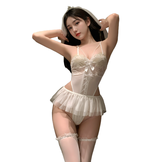 Women's Erotic Lace Bridal Lingerie Set - Sheer Mini Skirt & Bodysuit Honeymoon Outfit