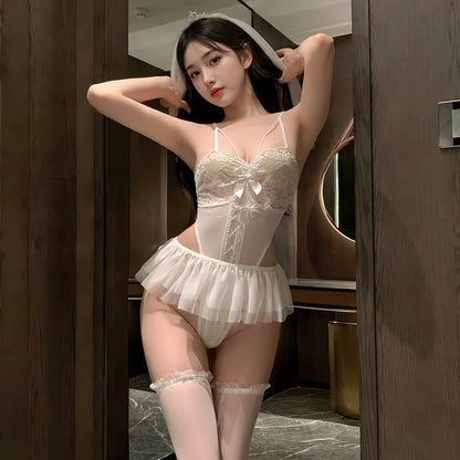 Women's Erotic Lace Bridal Lingerie Set - Sheer Mini Skirt & Bodysuit Honeymoon Outfit