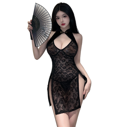 Sheer Lace & Velvet Halter Cheongsam Dress with High Slits - Tempting Qipao Lingerie