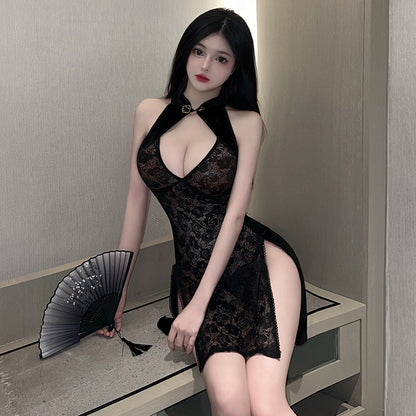 Sheer Lace & Velvet Halter Cheongsam Dress with High Slits - Tempting Qipao Lingerie