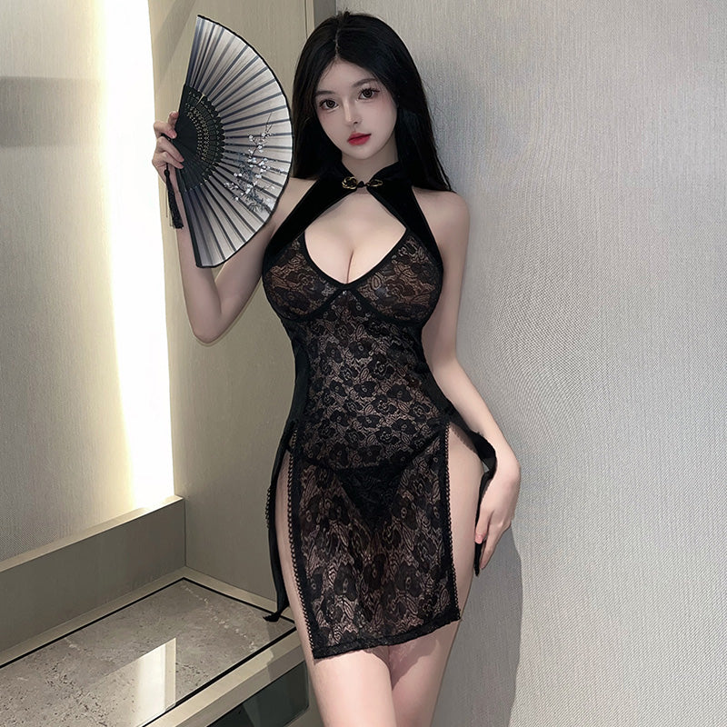 Sheer Lace & Velvet Halter Cheongsam Dress with High Slits - Tempting Qipao Lingerie