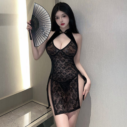 Sheer Lace & Velvet Halter Cheongsam Dress with High Slits - Tempting Qipao Lingerie