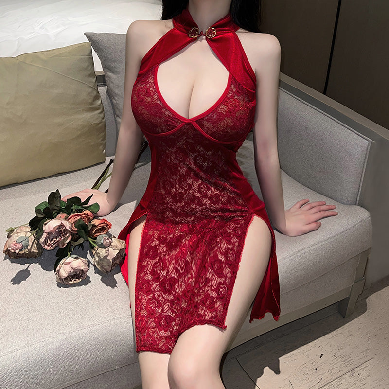 Sheer Lace & Velvet Halter Cheongsam Dress with High Slits - Tempting Qipao Lingerie