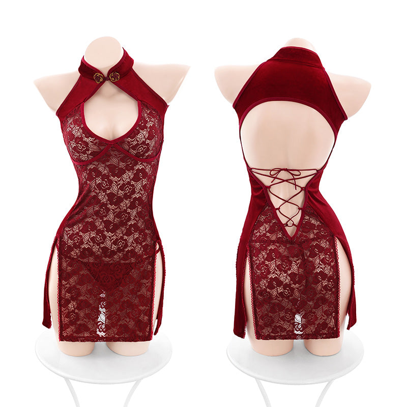 Sheer Lace & Velvet Halter Cheongsam Dress with High Slits - Tempting Qipao Lingerie